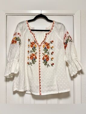 Solitaire White Swiss-Dot Tunic with Orange & Green Floral Embroidery